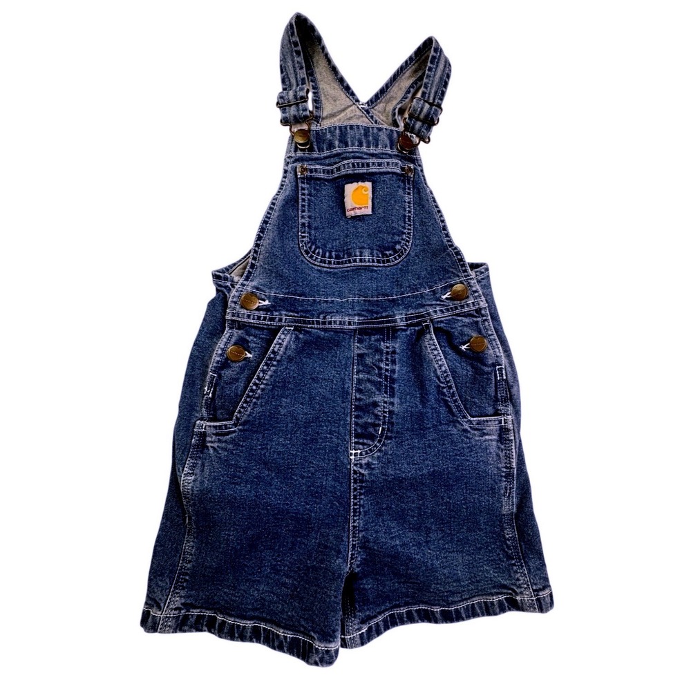 Carhartt Girls Denim Shortalls Medium Wash Heart Buttons Size 8 Valentine girlie